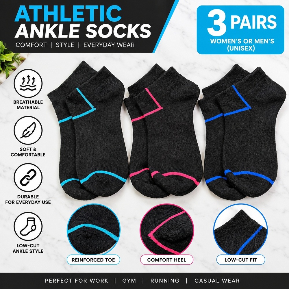 3 Pairs Athletic Ankle Socks Unisex Black Low Cut Running Gym Everyday Wear